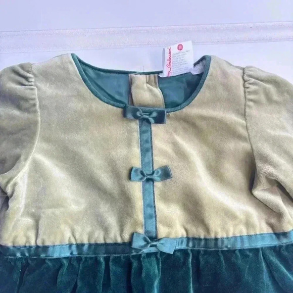 Hanna Andersson Girls Dress size 80 Holiday Green Velvet color block bow 18-24M - Picture 4 of 6